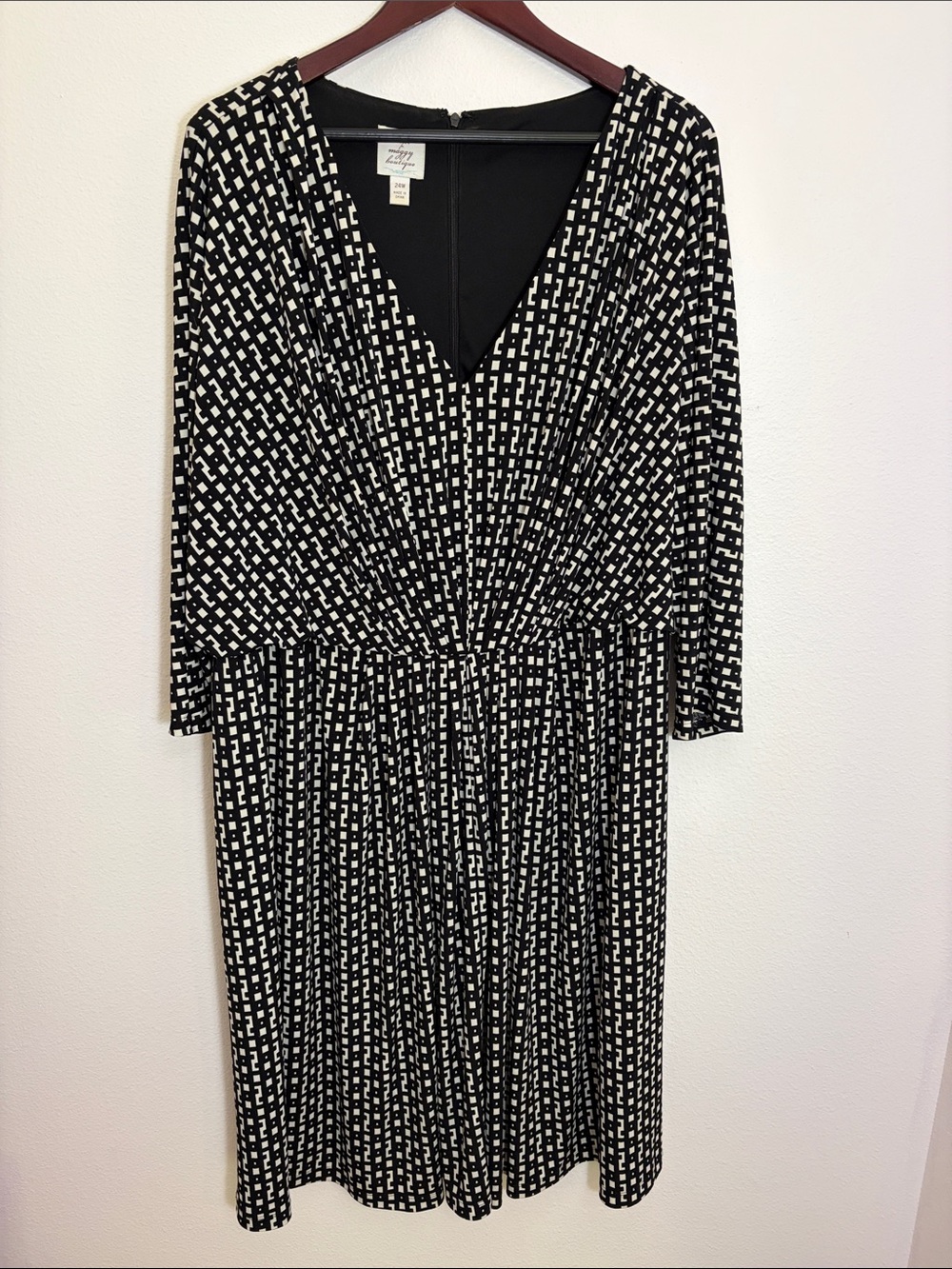 Suzi Chin for Maggy Boutique Black White Geometric V-Neck Dress